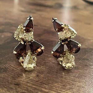 Vintage Amber Brown Rhinestone Earrings Prong Set Navette Glass Clip On Glam
